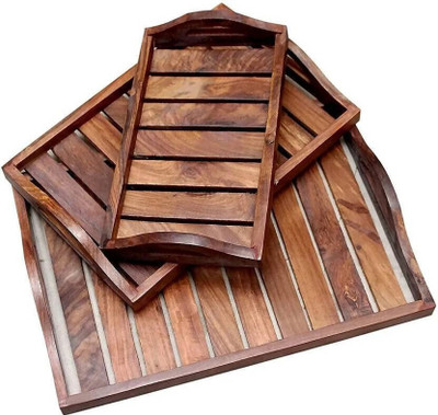 Timbercraft Wooden Serving Tray Set of 3 with Handle for Dining Table Home & Kitchen Tray Tray(Microwave Safe)