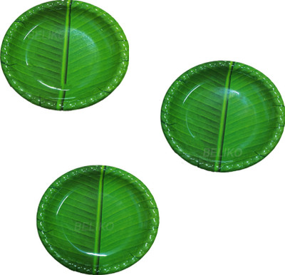 Beliko Banana Leaf Design Edge Round Shape Melamine Plates Pack of 3 Quarter Plate(Pack of 3, Microwave Safe)
