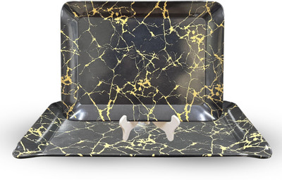 Ariya Black Gold Melamine Serving Tray Set for Snacks, Daily Use, Reusable Tray(Pack of 3, Microwave Safe)