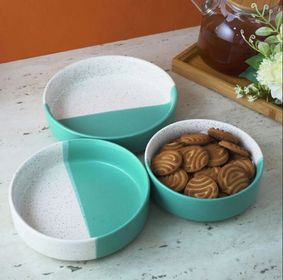 LUPAAVA Ceramic Salad Bowl- Serving Snacks Ceramic Plates Tray(Pack of 3, Microwave Safe)