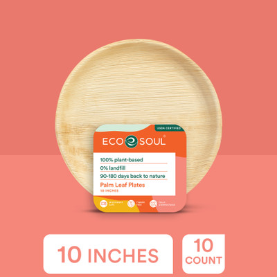 ECO SOUL Round Palm Leaf 10 inch (25 cm) Dinner Plate(Pack of 10, Microwave Safe)