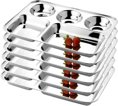 BGT Stainless Steel 5in1 Compartment/ Partition Plate/ Bhojan Thali for Dinner/Lunch Sectioned Plate(Pack of 6)