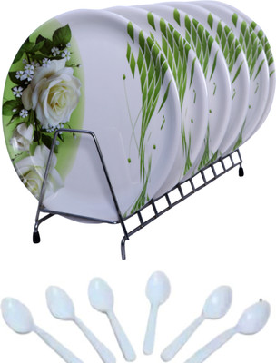 DRIZLING 10 INCH White Floral Design Melamine 6 Spoon And 6 Dinner Plate(Pack of 12, Microwave Safe)