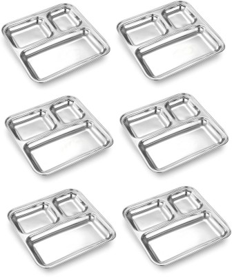 HM EVOTEK 3 in 1 Mess Pav Bhaji Plate Steel Idli, Snack, Breakfast Compartment Dish K4 Dinner Plate(Pack of 6, Microwave Safe)