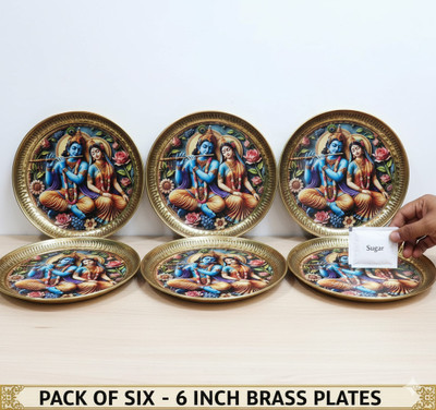 Elitekitch Floral Radha-Krishna Full_6 Inch Engraved Brass Pooja Plate | Heavy Duty Aasan Dinner Plate(Pack of 6, Microwave Safe)
