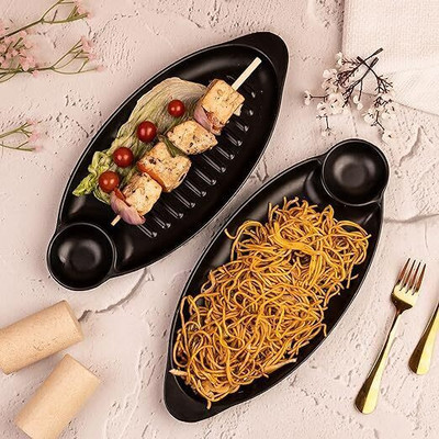 Castleite Iris Melamin Plates with Sauce Dip for Serving Snacks, Matt Black, Sizzler Tray(Pack of 2)
