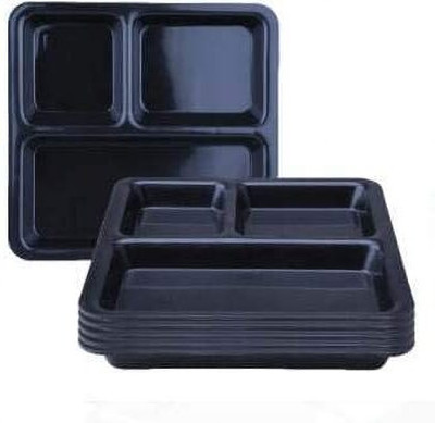 WAVECRAFT DESIGNS Black Pav Bhaji Plate 3-Compartment Breakfast/Snacks Plate Set (25cmx25cm) Sectioned Plate(Pack of 6, Microwave Safe)