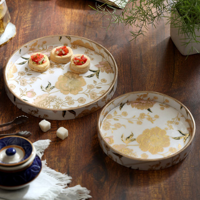 DULI Set of 2 Round Floral Print Serving Tray for Festive Gifts 9x9 & 7x7 inches Tray(Pack of 2)
