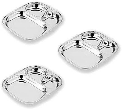 Lyticx Stainless Steel 3 Compartment Pav Bhaji Plate | Lunch Plate Size:- 218X264 mm Dinner Plate(Pack of 3)