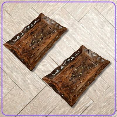 4MECH Handcrafted Sheesham Premium Decorative Rectangular Wooden 15x10 Inch Tray(Pack of 2)