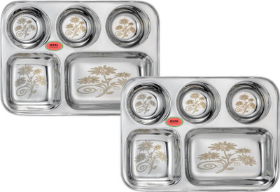 Jesal STEEL Steel Heavy Gauge 5 in 1 Dinner Plate / bhojan thali Sectioned Plate Dinner Plate(Pack of 2, Microwave Safe)