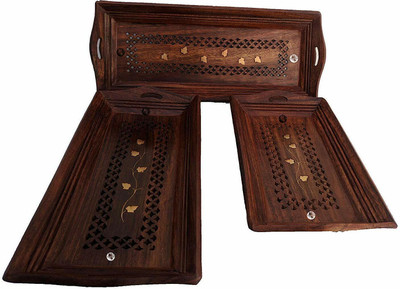 DIGSMORDEN Wooden Coffee Hand Carved Tray Set of 3/Big,Medium,Small 15 X 6,14 X 6,12X6 Tray(Pack of 3)