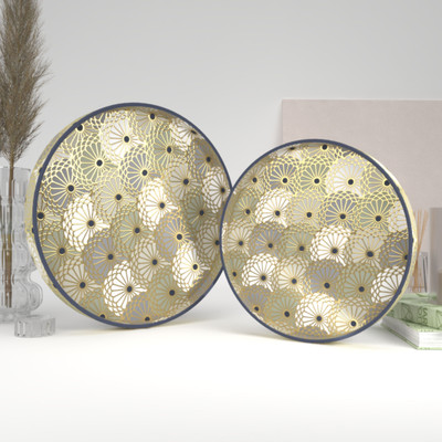 Castleite Ember Luksusowy Decorative Round Set for Serving & Kitchen Use, Wooden Tray(Pack of 2)