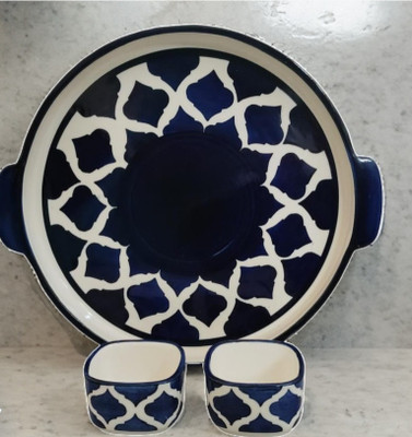 calcine Ceramic pizza/ platter/ snack serving plate with two dipping bowls Sizzler Tray(Pack of 3, Microwave Safe)