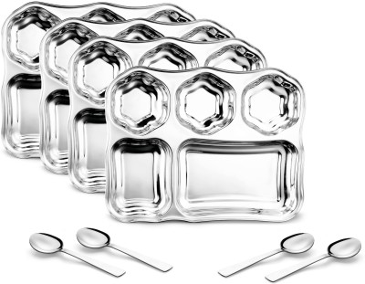 Classic Essentials Stainless Steel 5in1 Compartment Hexagonal Design Bhojan Thali with Spoon Sectioned Plate(Pack of 4)