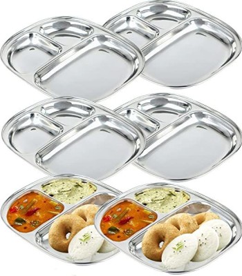 Lyticx 3In1 Stainless Steel Plates with Compartments /Tiffin Plates / Idli Sambhar Plat Dinner Plate(Pack of 6, Microwave Safe)