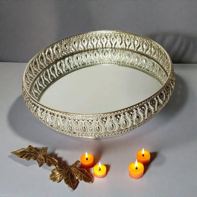 DGH Round German Silver Tray | German Silver Tray | Basket Round Decorative Tray Tray(Microwave Safe)