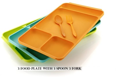 Ecodex Unbreakable Partition 4 in 1 Serving Food Plate with Spoon and Fork - Set of 3 Tray(Pack of 3, Microwave Safe)