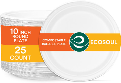 ECO SOUL Round 10 inch Compostable Bagasse (25 cm) Dinner Plate(Pack of 25, Microwave Safe)