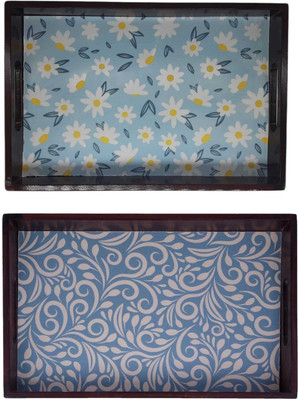 Espoir bloom Wooden tray set of 2 with UV print|Serving Tray|Multipurpose Tray|EB-T940 Tray(Pack of 2)