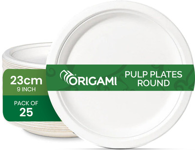 Origami Round 9 Inch (23cm) Biodegradable & Eco-friendly Bagasse Paper Plates Dinner Plate(Pack of 25)