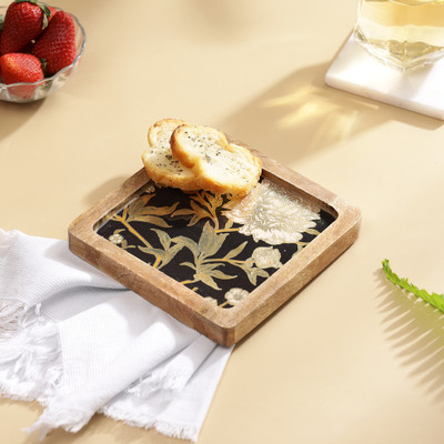 DULI Serving Platter in Mango wood Flowers Print for Home & Dining Table 6x6 inch Tray