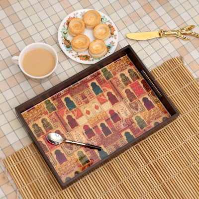 DULI DECO Painted Enamel Coated Multipurpose Rectangle Tray in MDF | Serving Tray for Home & Kitchen Use| Dining Table Tray| Multipurpose Tray | Tray for Café & Restaurants (Jharoka 12x8 inch) Tray