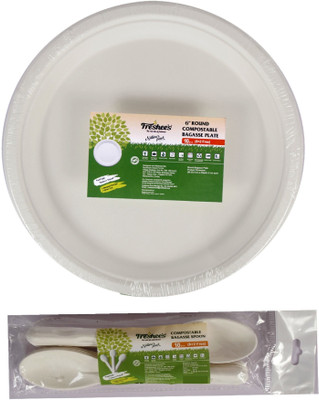 Freshee Plates With Spoon, 6inch Bagasse Round Plates & Spoon 10pcs Each Dinner Plate