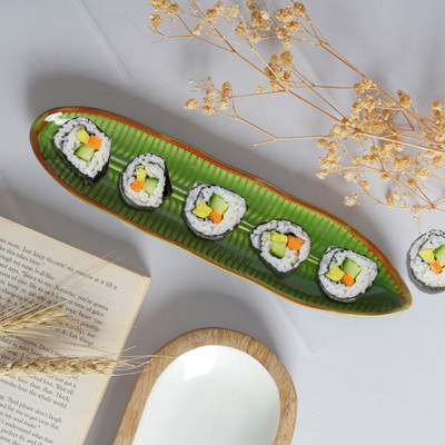 Data Long Leaf Platter in Green Chip & Dip Tray(Pack of 2, Microwave Safe)
