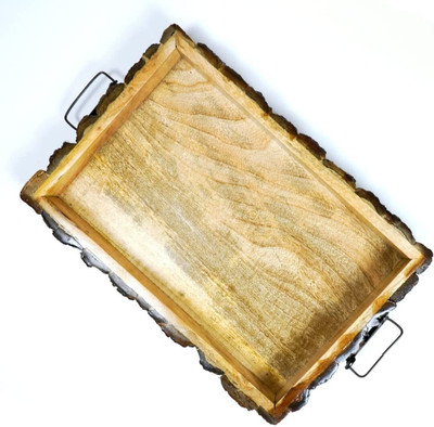 jaismin world Wooden Rectangular Serving Buckle Tray with Handle Tray(Microwave Safe)