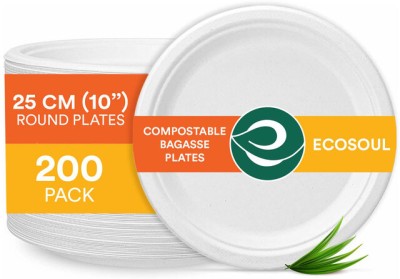 ECO SOUL Round 9 inch 3 Compartments Compostable Bagasse (22 cm) Dinner Plate(Pack of 200, Microwave Safe)