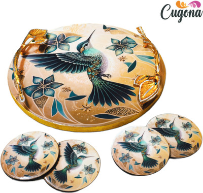 CUGONA Round Wooden Serving Tray with Golden Metal Handles 12 inch- Multipurpose Tray
