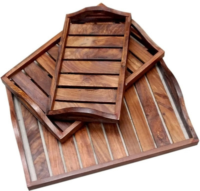 Unique handicraft collection New Wooden Coffee Tray Set of 3 with Handles Handcrafted Wood Serving Platters Tray(Pack of 3)