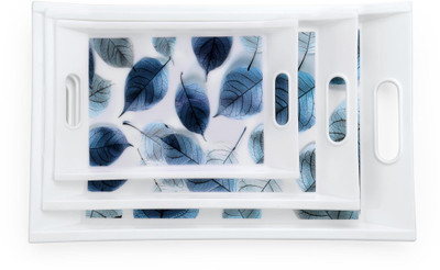 FLYUP Set of 3 Printed Plastic Serving Trays with Handles – Blue Leaf Design Tray(Pack of 3)