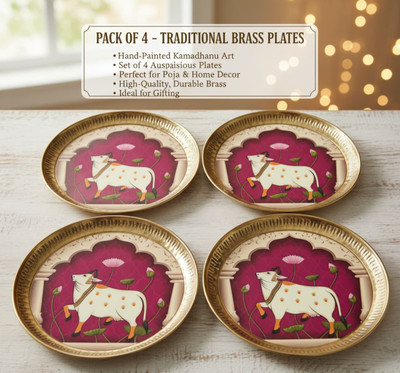 Elitekitch PINK COW 5 Inch Pure Brass Pooja Thali | Aarti Plate for Mandir Dinner Plate(Pack of 4, Microwave Safe)