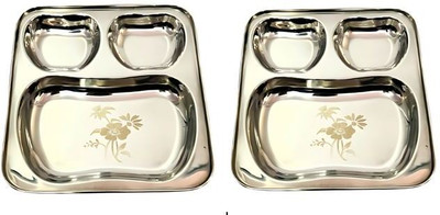 Sonanshi Stainless-Steel Flower Print Apple Shape Katori 3 in 1 Divided BhojanThali Dinner Plate(Pack of 2)
