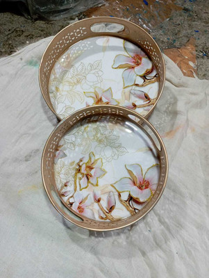 Indian Design Handicrafts Round Tray Set of 2 Flower Printed Tray(Pack of 2)