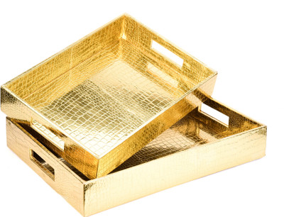 Galaxy Craft Golden wooden serving trey set of 2 Tray(Pack of 2)