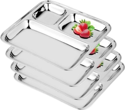 RBGIIT Pack of 4 Stainless Steel Stainless Steel Plates with Compartments Pav Bhaji Plates Breakfast Plates K0 Dinner Set(Silver, Microwave Safe)