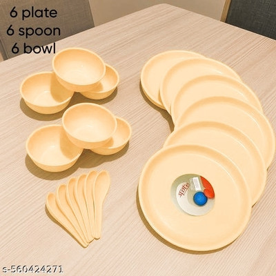 MapleTex Dinner Set Pieces Serving Bowls 6 Dinner Plates, 6 Katoris ,6 Spoon Orange Dinner Plate(Pack of 18, Microwave Safe)