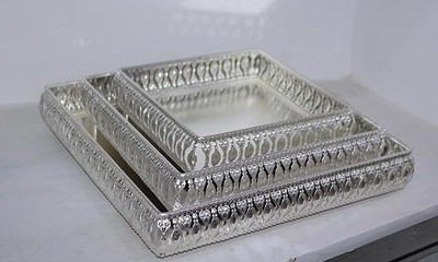 jm international German Silver Decorative Square Tray Set for Pooja, Diwali Gift Tray(Pack of 3)