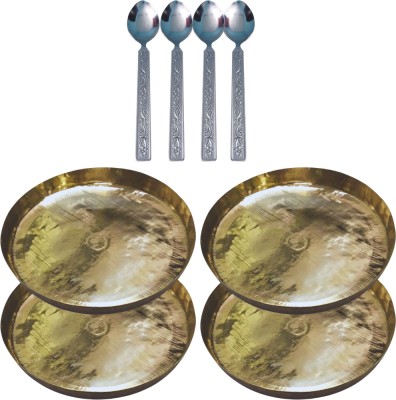 SHINI LIFESTYLE Pure Brass Thali Set For Pooja/Serving Purpose, Brass Plate 4pc with Spoon Set Dinner Plate(Pack of 8)