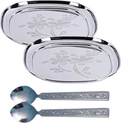 SHINI LIFESTYLE Plates for dining, floral design, Laser design, Dinner Plate 2pc with Spoon Set Dinner Plate(Pack of 2)