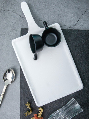 Servewell Rectangular Matte Handle Platter and Scoop Set - White platter and Black scoop Sizzler Tray(Pack of 3)