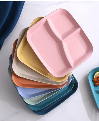 openZest Wheat Straw Unbreakable 3-Section Reusable Portion Diet Plates 25cm (6Pcs) Sectioned Plate(Pack of 6, Microwave Safe)