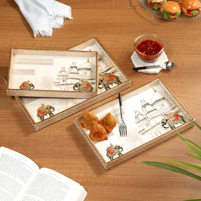 DULI Set of 3 Rectangle Elephant Design Serving Tray Set for Diwali & Festive Gifts Tray Serving Set(Pack of 3)