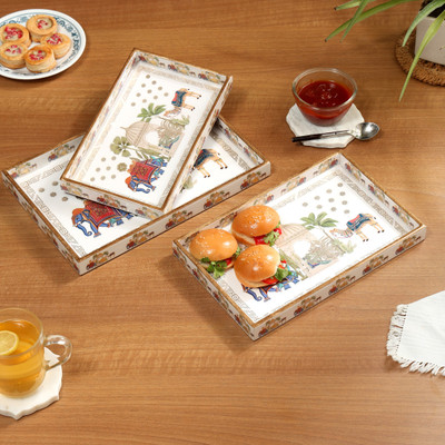 DULI Set of 3 Rectangle Elephant Design Wooden Serving Tray for Diwali &Festive Gifts Tray(Pack of 3)