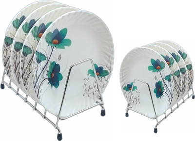 Perfectdine NW_ Plate Floral Green Round /Snack Plate (4 Full Plate+4 Half Plate) Dinner Plate(Pack of 8)