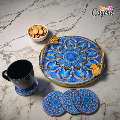 CUGONA Resin Serving Tray with Golden Metal Handles 12 inch with Coasters set of 4 Tray