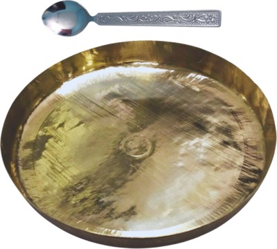 SHINI LIFESTYLE Pure Brass Thali Set For Pooja/Serving Purpose, Brass Plate 1pc with Spoon Dinner Plate